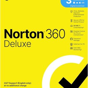 Norton 360 Deluxe |3 Users 3 Years|Total Security for PC, Mac, Android or iOS|Additionally Includes Password Manager,PC Cloud Back Up, SafeCam for PC